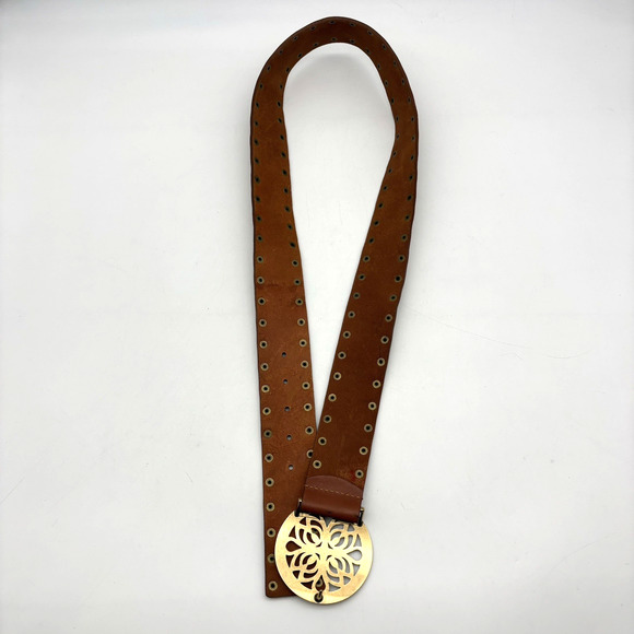 Vintage Y2K Calvin Klein 610664 Brown Studded Leather Brass Medallion Belt L 40\